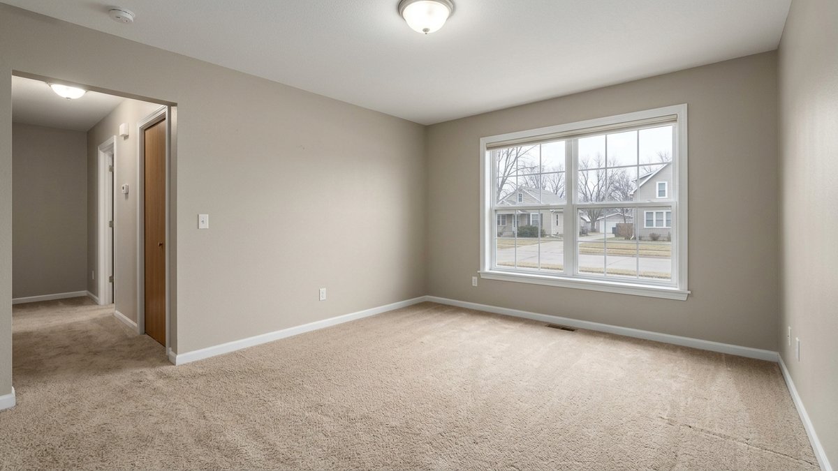 Empty living room with neutral walls and flooring.