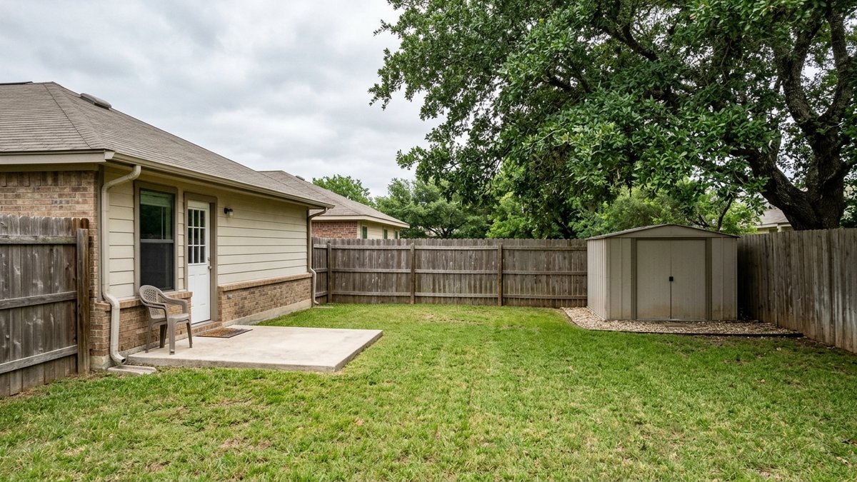 Plain fenced backyard at a New Braunfels starter home.