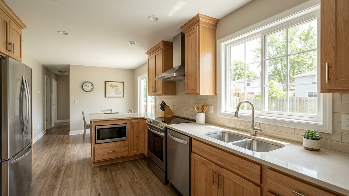 Move-in-ready Downriver kitchen with practical finishes in clear daylight.
