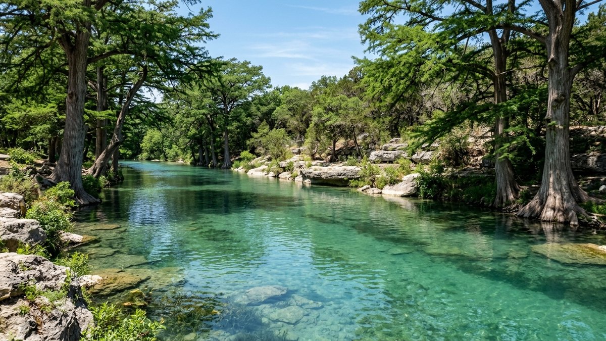 Natural clear-day Comal River scene with cypress shade and limestone banks. Used for lifestyle and relocation posts.