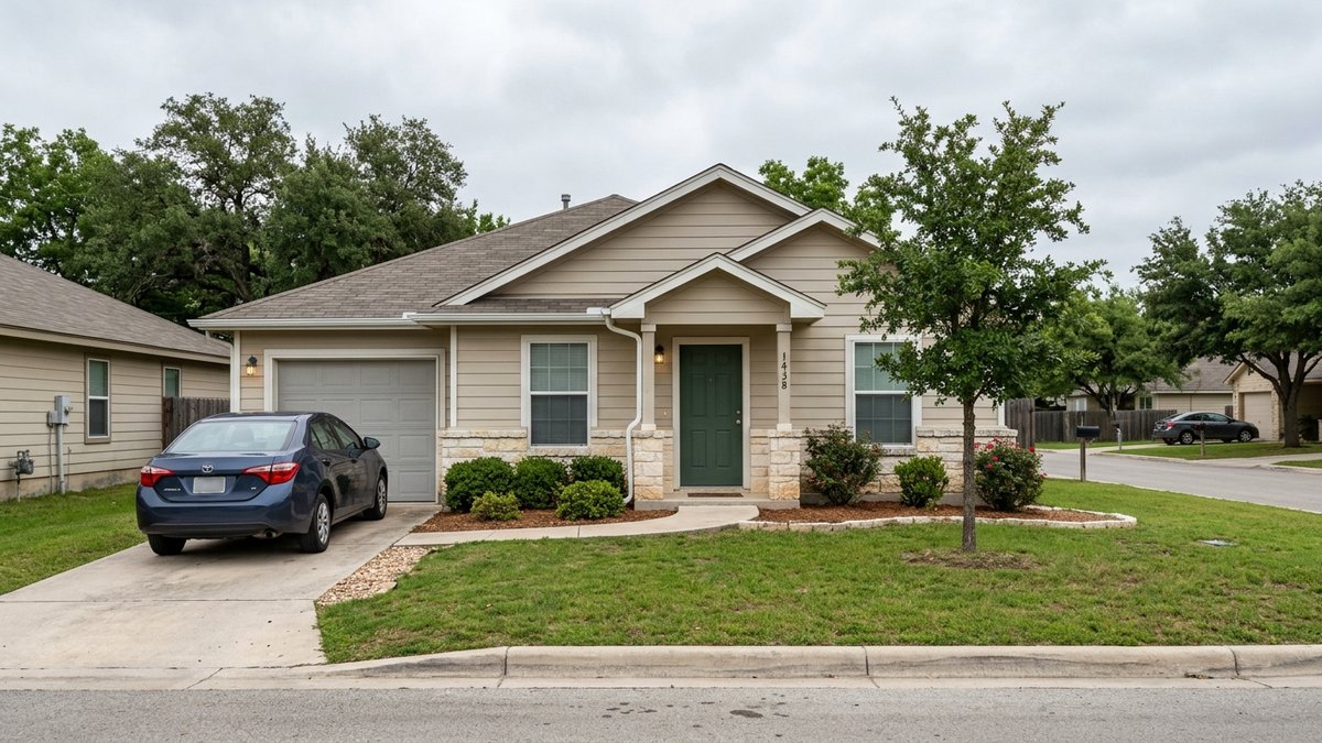 Plain New Braunfels starter-home exterior in overcast light. Used for affordability and buyer-guide posts.