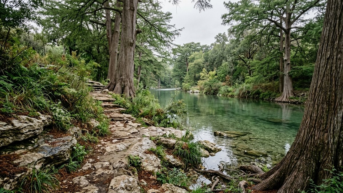 Plain river-access path in New Braunfels. Used for relocation and outdoor lifestyle posts.