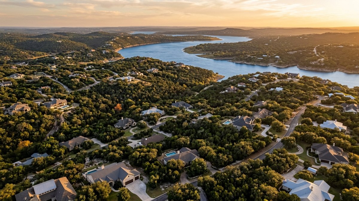 Elevated Hill Country view near Canyon Lake with homes tucked among oak and cedar hills. Used for relocation and Hill Country lifestyle posts.