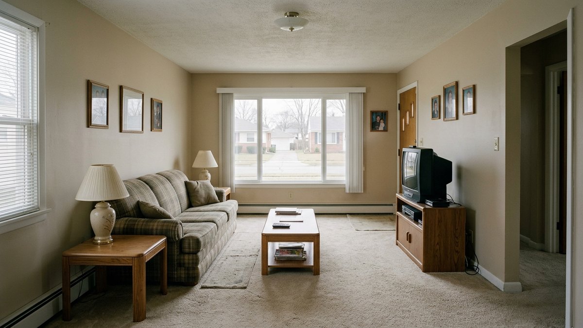 Taylor-style starter-home interior that feels solid and practical, photographed in plain documentary light.