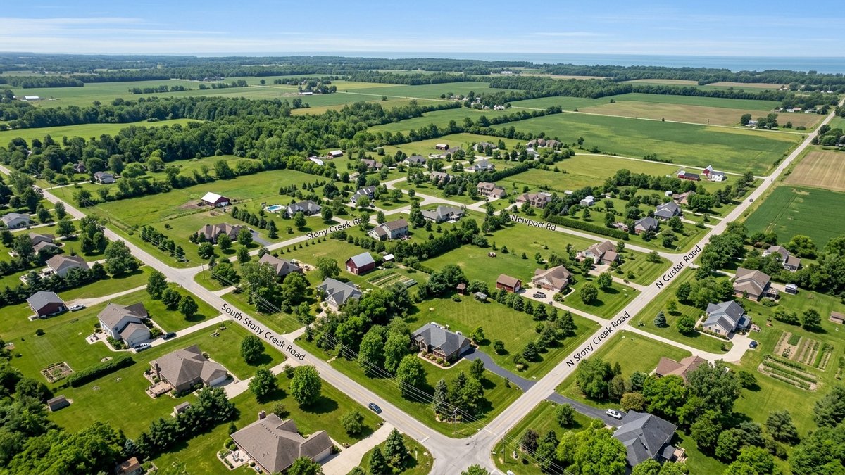 Aerial view of a tree-lined residential neighborhood with winding streets and hills at sunset