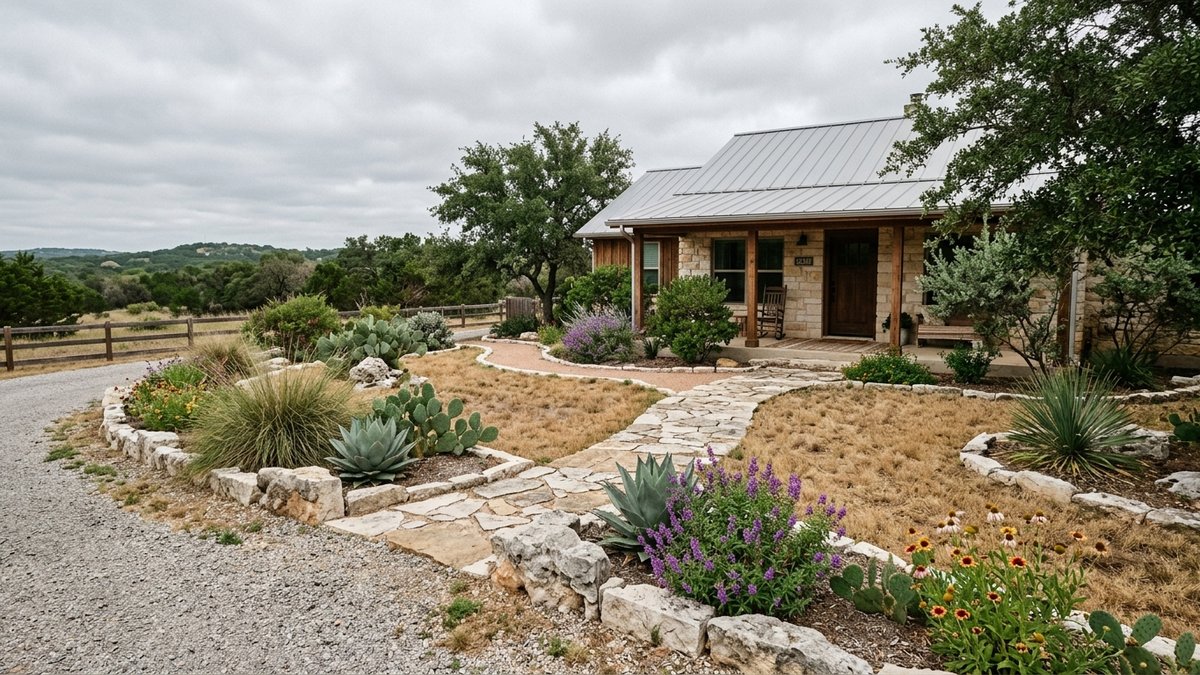 Plain summer Hill Country yard scene with drought-tolerant landscaping and bright but muted conditions. Used for seasonal market and home-care posts.